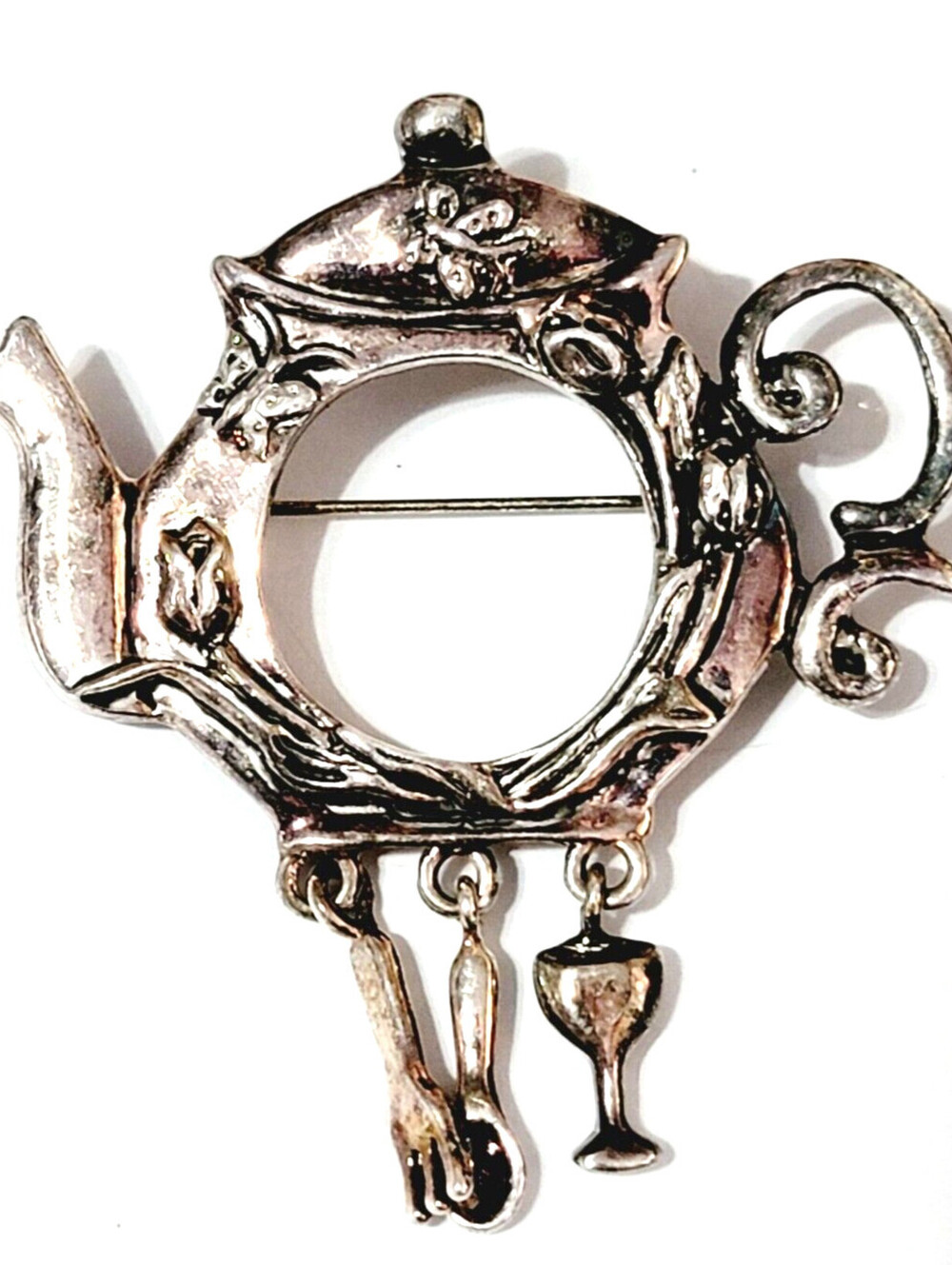 Large Teapot Brooch Pin Floral Vintage Figural Silver-tone Flowers‎ so-12